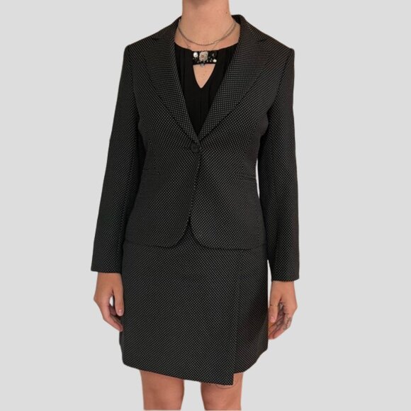 NWOT Holt Renfrew Wool Blend Fitted Blazer & Skirt Set Black with Grey Pattern - Picture 1 of 16